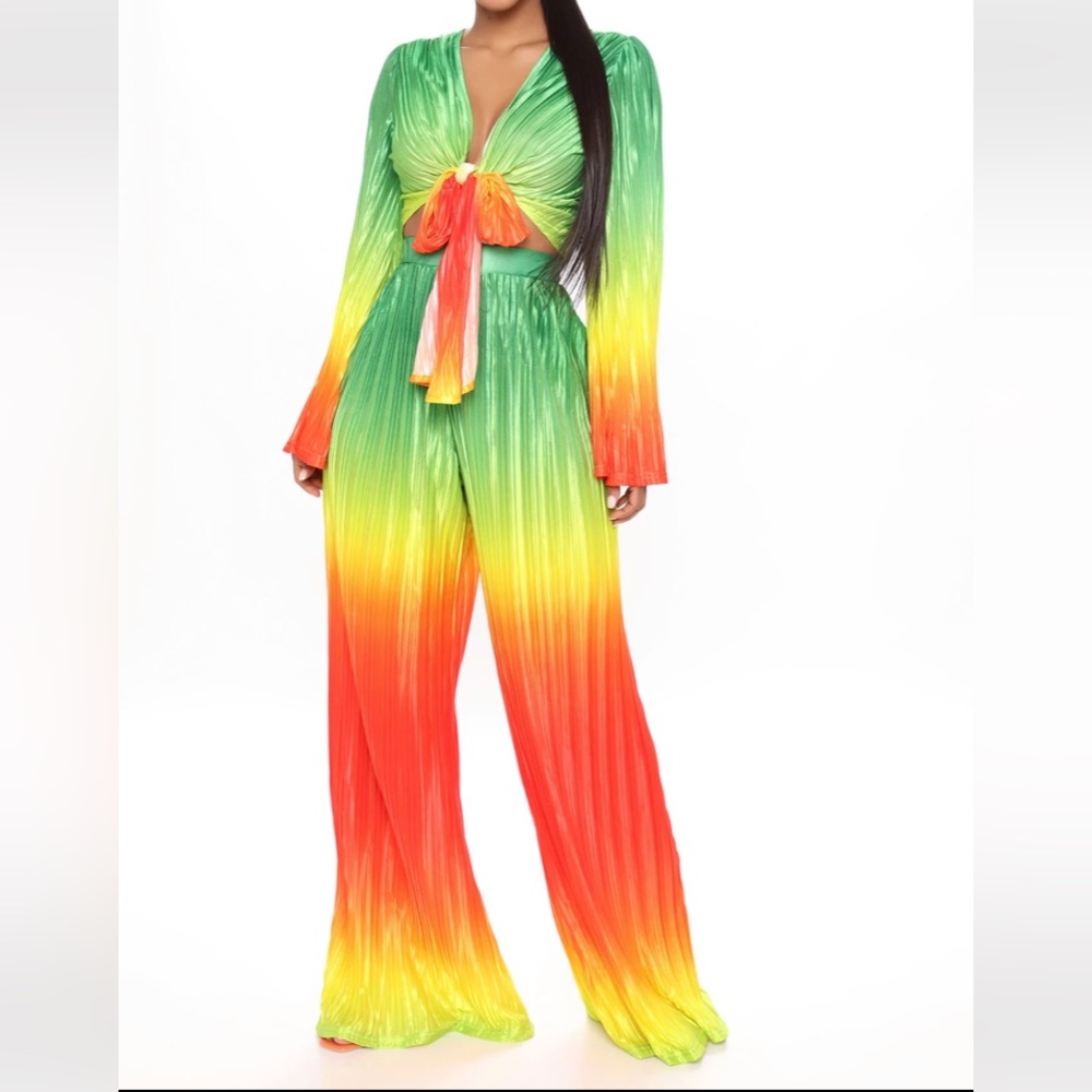 NWT Fashion Nova Multi Pants Set Tie Up Long Sleeve Yellow Green NEW with tag